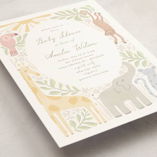 This is a jungle baby shower invitations with standard by Pixel and Hank called littlest friends printing on signature in standard