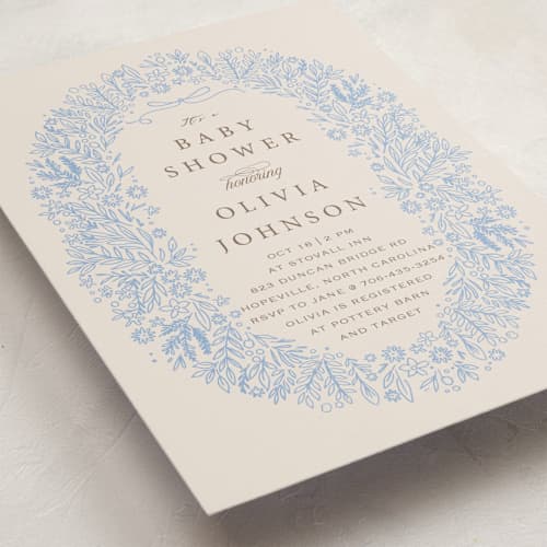 This is a bluebell baby shower invitations with standard by Hannah Williams called blooming foil oval printing on signature in standard