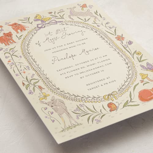 This is a linen baby shower invitations with standard by Vera Lim called woodland magic printing on signature in standard