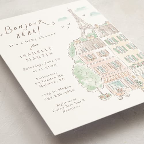 This is a strawberry baby shower invitations with standard by Jennifer Wick called a day in paris printing on signature in standard
