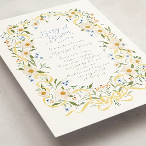 This is a sunshine baby shower invitations with standard by Erin L. Wilson called daisy chain printing on signature in standard