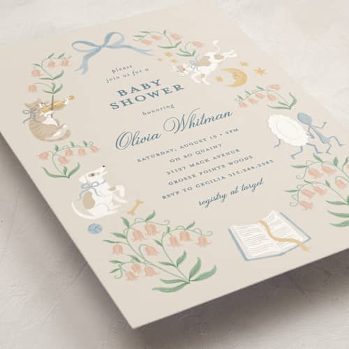 This is a forget-me-not baby shower invitations with standard by Jamie Alexander called hey, diddle diddle printing on signature in standard