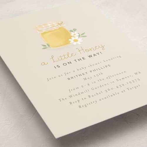 This is a greige baby shower invitations with standard by Itsy Belle Studio called little honey printing on signature in standard