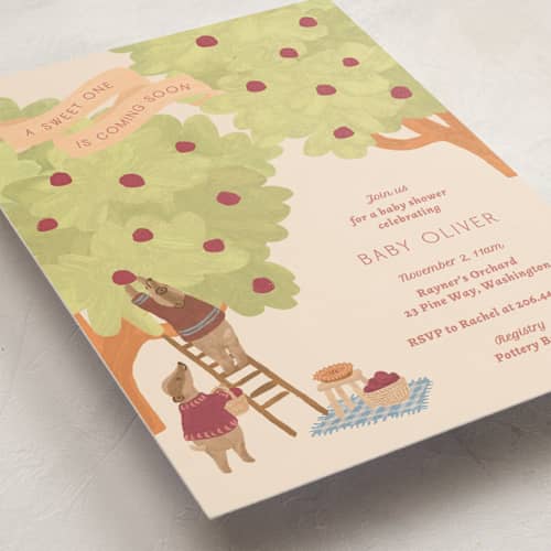 This is a apricot baby shower invitations with standard by Natalie Rae called apple orchard printing on signature in standard