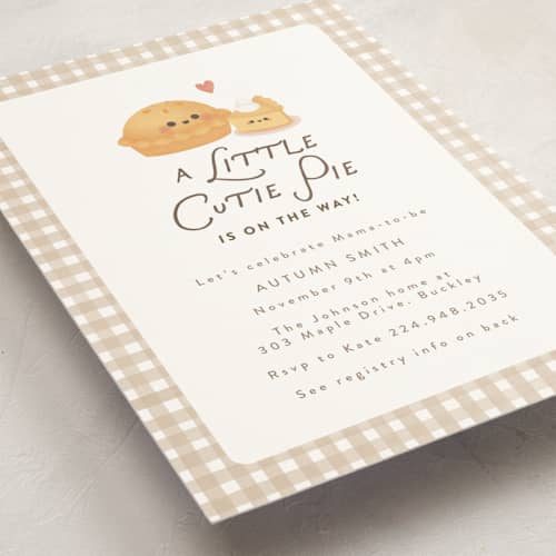 This is a tan baby shower invitations with standard by Itsy Belle Studio called cutie pie printing on signature in standard