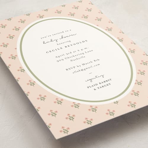 This is a peach baby shower invitations with standard by Sara Hicks Malone called petite fleur printing on signature in standard