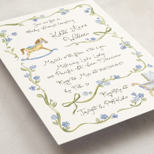 This is a powderblue baby shower invitations with standard by Pati Cascino called bowls and buds printing on signature in standard