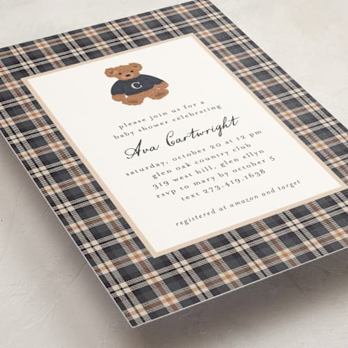 This is a navy baby shower invitations with standard by Erin German called teddy bear monogram printing on signature in standard