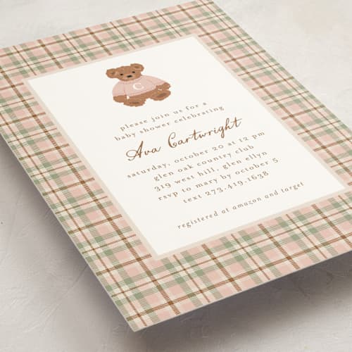 This is a blush baby shower invitations with standard by Erin German called teddy bear monogram printing on signature in standard