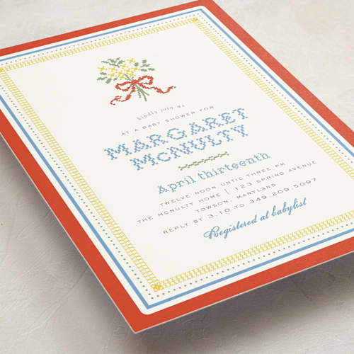 This is a rainbow baby shower invitations with standard by Erin L. Wilson called cross-stitched sampler printing on signature in standard