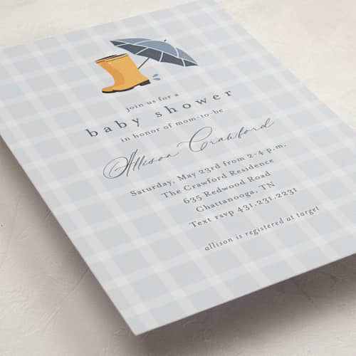 This is a raindrop baby shower invitations with standard by Stacey Meacham called baby wellies printing on signature in standard