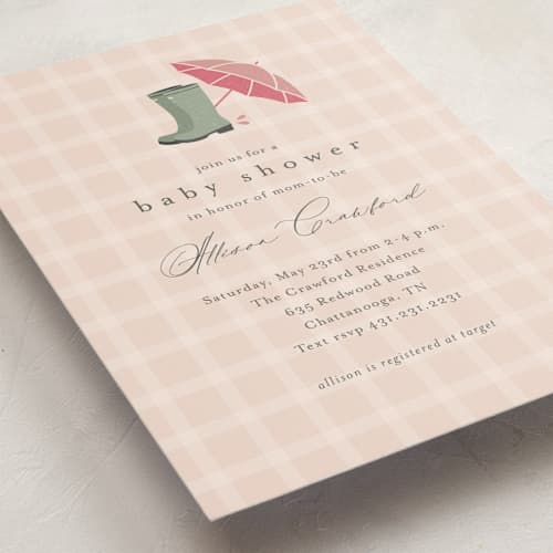 This is a peony baby shower invitations with standard by Stacey Meacham called baby wellies printing on signature in standard