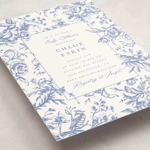 This is a blueberry baby shower invitations with standard by Teju Reval called dreamy toile printing on signature in standard