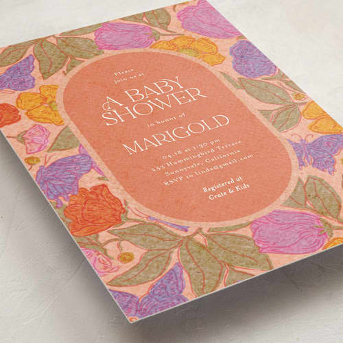 This is a peach baby shower invitations with standard by Simona Camp called vintage garden printing on signature in standard