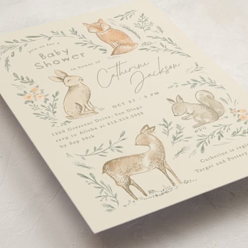 This is a ginger baby shower invitations with standard by Creo Study called vintage woodland printing on signature in standard