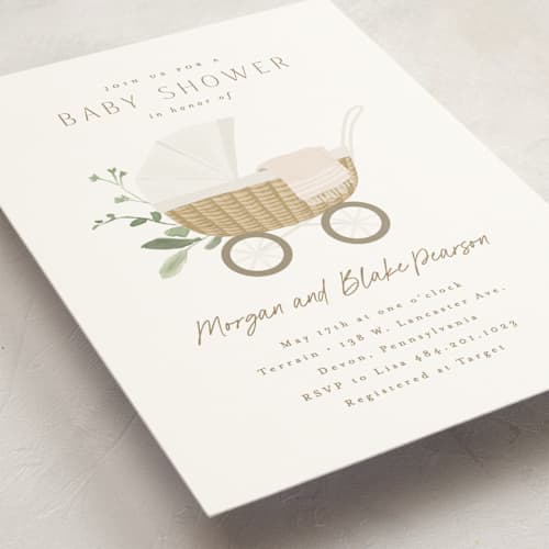 This is a porcelain baby shower invitations with standard by Everett Paper Goods called boho buggy printing on signature in standard