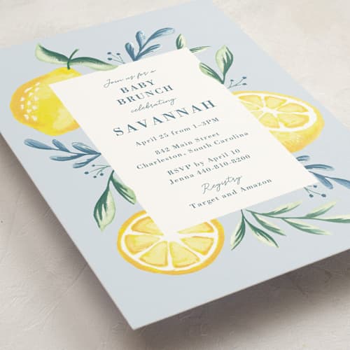 This is a pale blue baby shower invitations with standard by Megan Cash called lemons printing on signature in standard