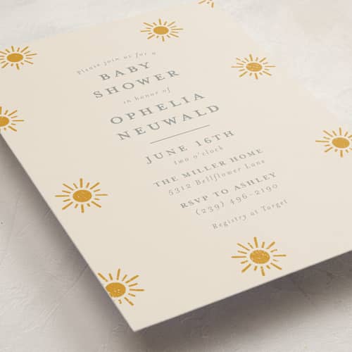 This is a golden sun baby shower invitations with standard by Meggy Masters called sun toss printing on signature in standard
