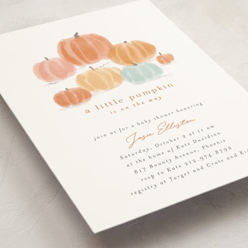 This is a pumpkin baby shower invitations with standard by Rebecca Durflinger called autumn pumpkins printing on signature in standard