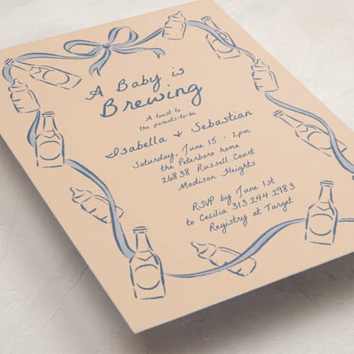 This is a periwinkle baby shower invitations with standard by Jamie Alexander called bottles and brews printing on signature in standard