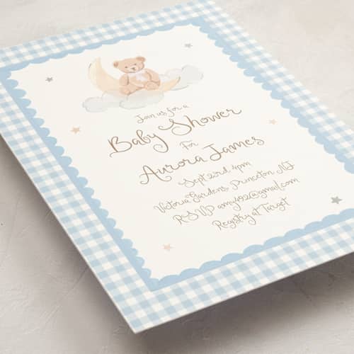 This is a sky baby shower invitations with standard by Teju Reval called dreamy bear printing on signature in standard