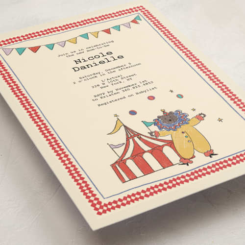 This is a crimson baby shower invitations with standard by Noun New York called illustrated circus theme with juggling bear printing on signature in standard