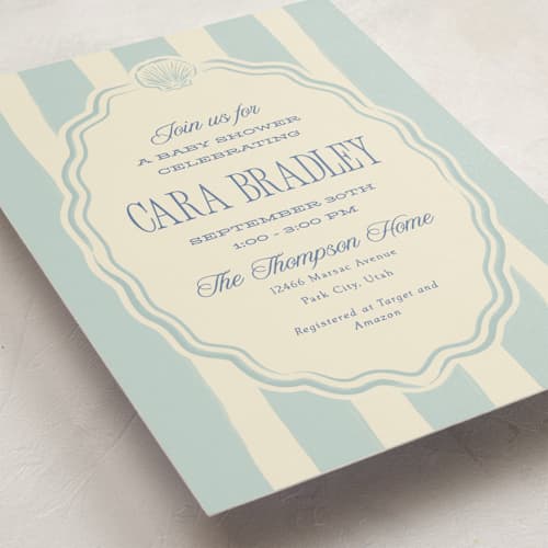 This is a ocean baby shower invitations with standard by Robert and Stella called beach babe printing on signature in standard