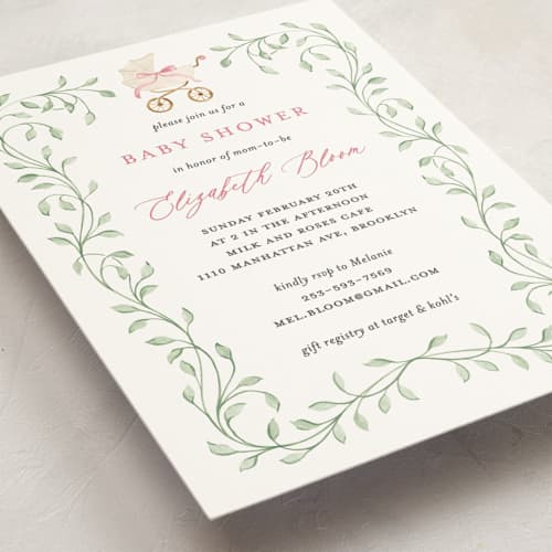 This is a peony baby shower invitations with standard by Sarah Knight called graceful printing on signature in standard