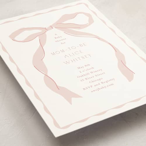 This is a blush baby shower invitations with standard by Baumbirdy called framed bow printing on signature in standard