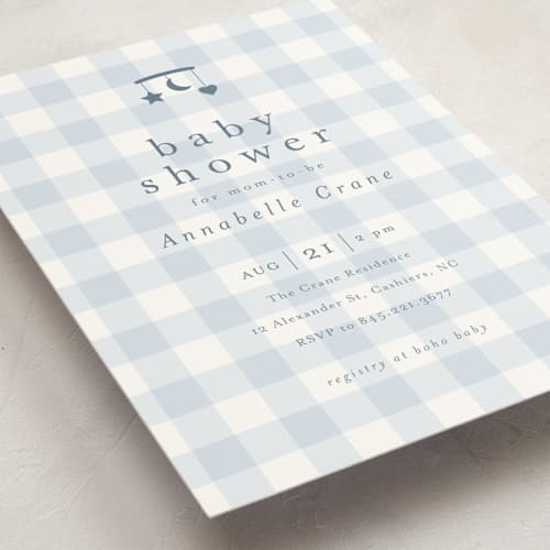 This is a baby blue baby shower invitations with standard by Stacey Meacham called gingham mobile printing on signature in standard