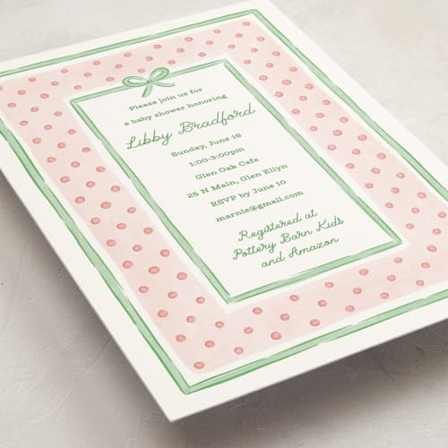 This is a strawberry baby shower invitations with standard by Erin German called polka dot frame printing on signature in standard