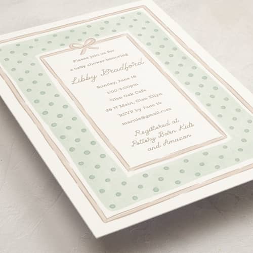 This is a honeydew baby shower invitations with standard by Erin German called polka dot frame printing on signature in standard