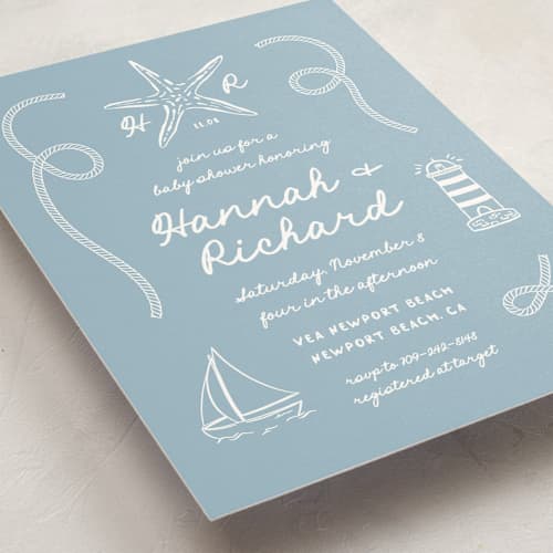 This is a powder blue baby shower invitations with standard by Claudia Orengo called nautical celebration printing on signature in standard