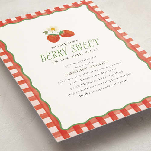 This is a strawberry baby shower invitations with standard by Itsy Belle Studio called so berry sweet printing on signature in standard