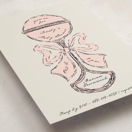 This is a rose baby shower invitations with standard by Gwen Bedat called antique rattle printing on signature in standard