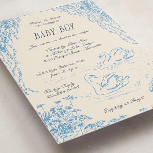 This is a bluebell baby shower invitations with standard by Pati Cascino called sweet swan printing on signature in standard