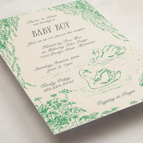This is a forest baby shower invitations with standard by Pati Cascino called sweet swan printing on signature in standard