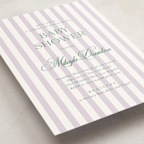 This is a lilac baby shower invitations with standard by Kelly Schmidt called resort printing on signature in standard