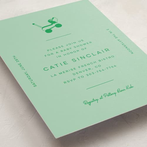 This is a mint baby shower invitations with standard by Jen Ramsey called vintage classic printing on signature in standard