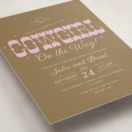 This is a cocoa baby shower invitations with standard by Maggie Daugherty called cowgirl on the way! printing on signature in standard