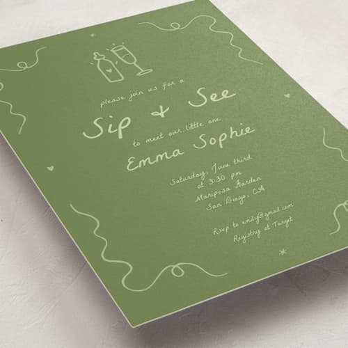 This is a moss baby shower invitations with standard by Stephanie Heinrich Godbout called doodle sip and see printing on signature in standard