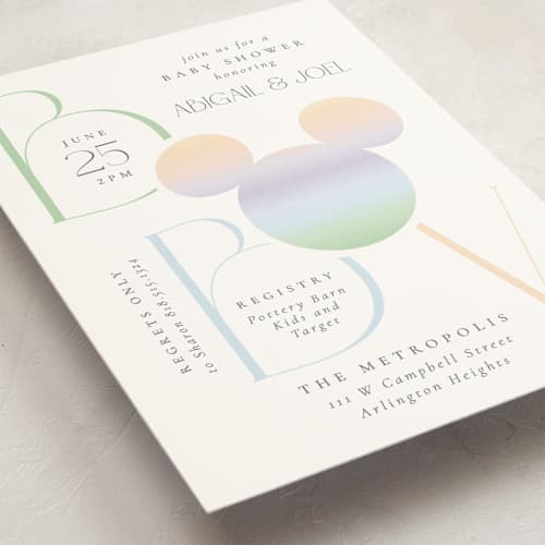 This is a rainbow baby shower invitations with standard by Beth Schneider called disney ombre mickey mouse printing on signature in standard