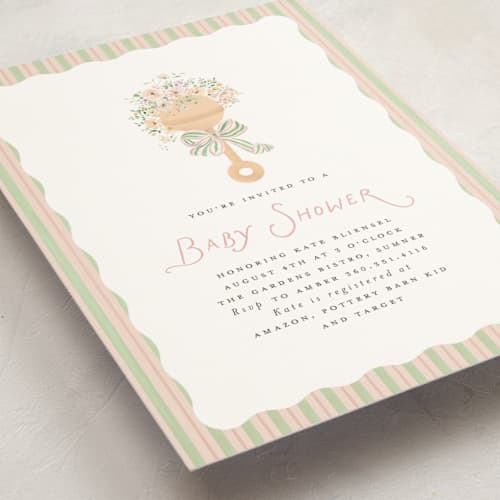This is a blush baby shower invitations with standard by Itsy Belle Studio called floral rattle printing on signature in standard