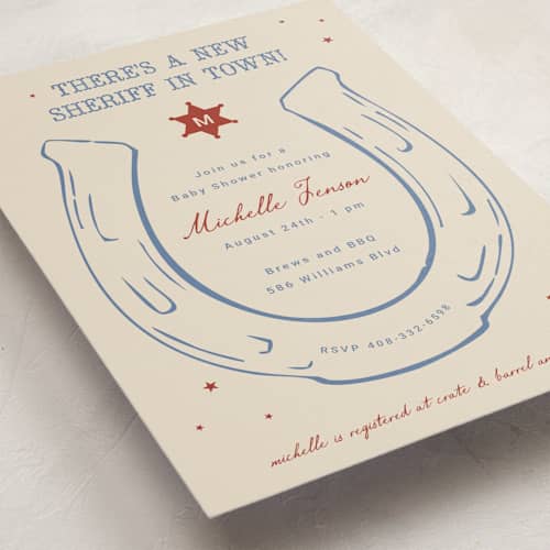 This is a cream baby shower invitations with standard by Ilene Guy called baby sheriff printing on signature in standard