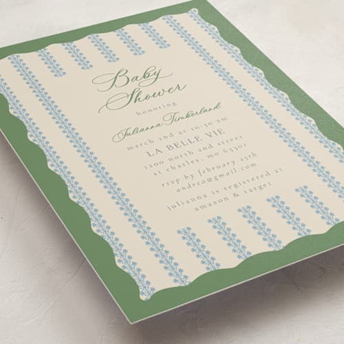 This is a forest baby shower invitations with standard by Jen Owens called wavy stripe printing on signature in standard