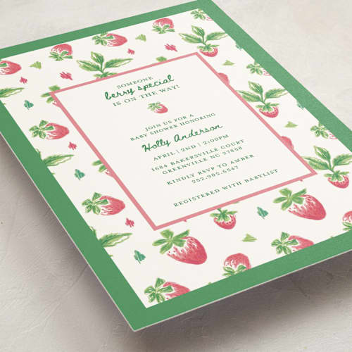 This is a strawberry baby shower invitations with standard by Holton Art and Design called someone berry special printing on signature in standard