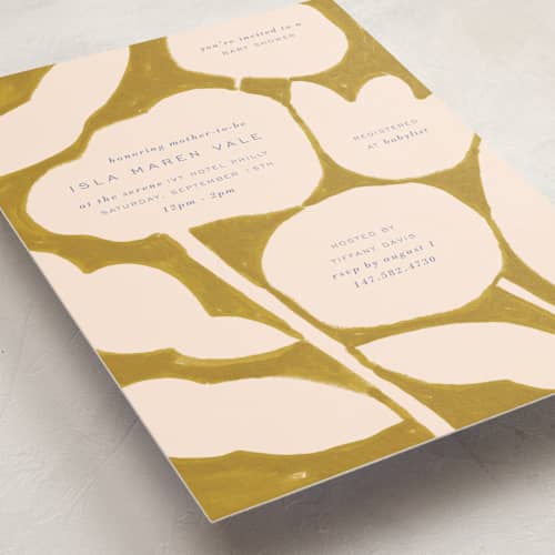 This is a mustard baby shower invitations with standard by Sierra Lee called flora printing on signature in standard