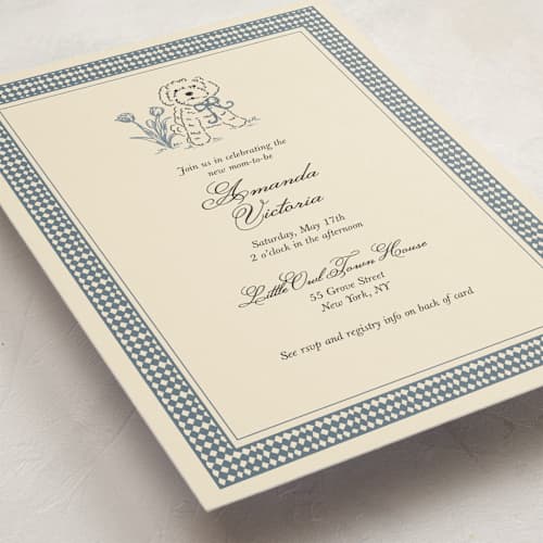 This is a denim baby shower invitations with standard by Noun New York called cottage core dog with watering can of flowers printing on signature in standard