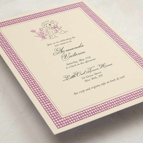 This is a magenta baby shower invitations with standard by Noun New York called cottage core dog with watering can of flowers printing on signature in standard
