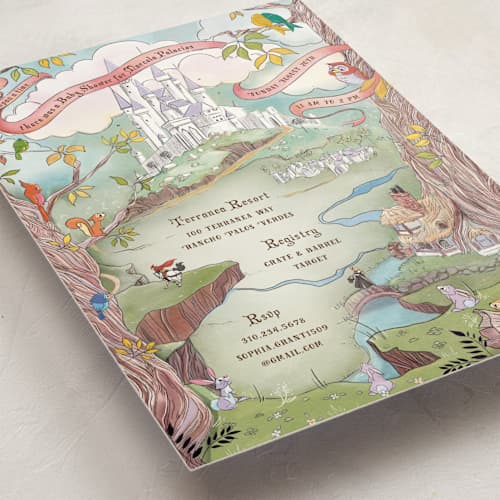 This is a mint baby shower invitations with standard by Becky Nimoy called sleeping beauty storybook forest printing on signature in standard